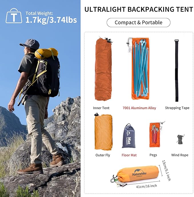 Naturehike Cloud-Up 1 Person Tent, Lightweight Backpacking Tents for One Man, Waterproof Ultralight One Person Tent for Camping Hiking Backpacking