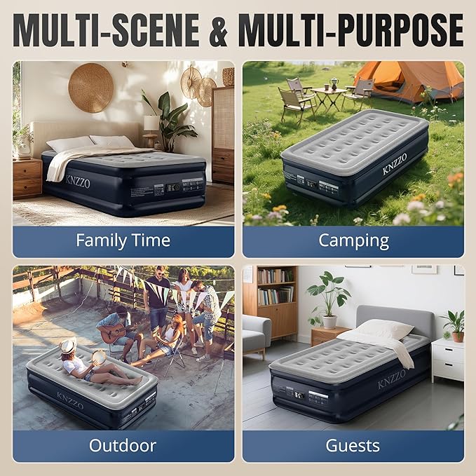 Twin Air Mattress with Built-in Pump, 18" Top Inflatable Mattress with Waterproof Flocking Fabric, Three-Minute Quick-Inflatable Bed. Portable Blow Up Mattress for Home, Outdoor and Guests