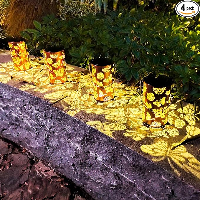 4 Pack Solar Lanterns Outdoor Waterproof Butterfly Birthday Gifts for Women Mom Grandma Garden Decor Flower Metal Hanging LED Decorative Light for Patio Yard Lawn Backyard Front Porch Gardening Gifts