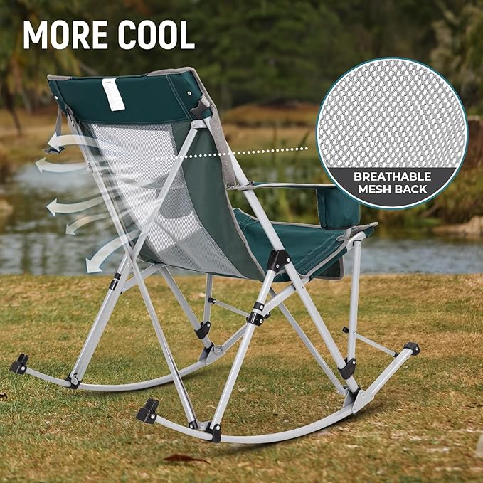 FUNDANGO Rocking Camping Chair, 2 Pack High Mesh Back Portable Folding Camp Chairs with Pillows, Cup Holder and Carry Bag for Lawn Patio Garden Outdoor Supports 300 Lbs (Green/Grey)