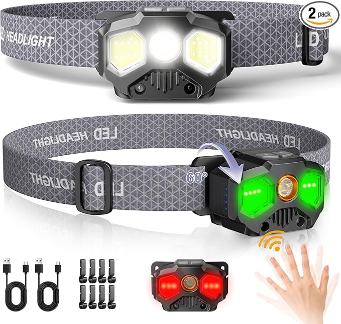 2 Pack Headlamp Rechargeable, 1400 Lumen Lightweight Head Lamps LED Rechargeable with White Green Red Light, Waterproof Motion Sensor Head Lamp,14 Modes with Memory Function for Running