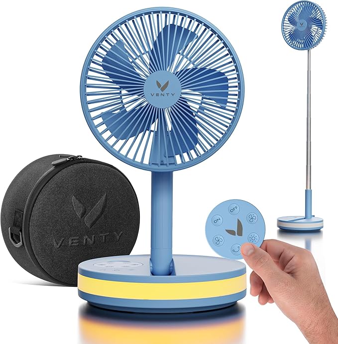 VENTY Portable Fan - Wireless Battery Operated Fan - 4 Speeds - LED Lighting - Carry Case & Remote Control - Cruise Travel - Outdoor Travel RV Power Bank With USB-C Port (Blue with Case)