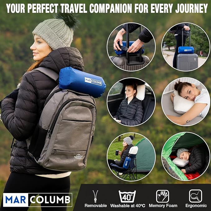 Travel & Camping Comfortable Memory Foam Pillow – Easy to Carry Portable Bag – Temperature Regulating Pillow Case - Perfect for Travelling (White)
