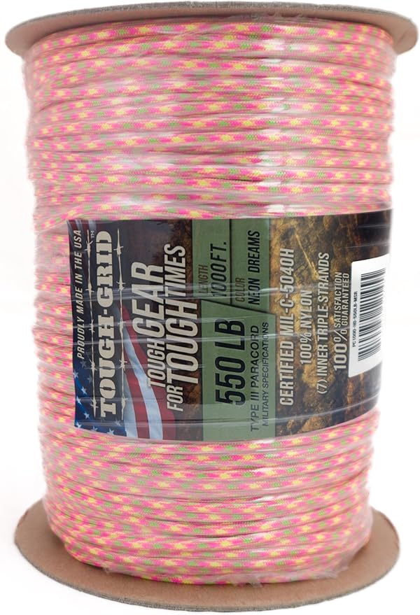 TOUGH-GRID 550 Paracord Rope Nylon Parachute Cord, Made in USA Survival Kit, Outdoor Adventures, Camping, Tactical Gear & Emergency Supplies, Military Type III Mil-Spec