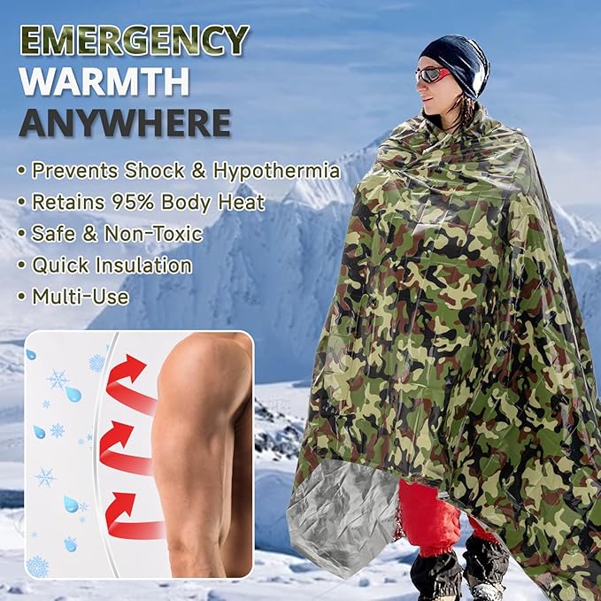 SecuCaptain Survival Emergency Thermal Blankets: Thicken 28um Space Mylar Blanket Kit for Outdoor Cold Winter Camping, Hiking, Car Bug Out Bag, or First Aid - Woodland Camo 4 Pack