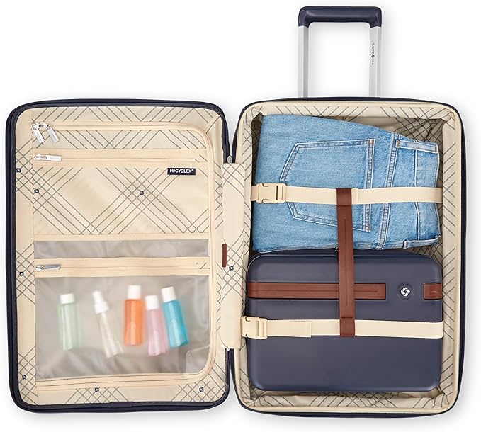 Virtuosa Hardside 21 Inch Carry On Luggage - Airline Approved with 360° Spinner Wheels, RightHeight™ Adjustable Handle - Zippered WetPak™ - TSA Lock - Expandable Light Polycarbonate Shell - Navy