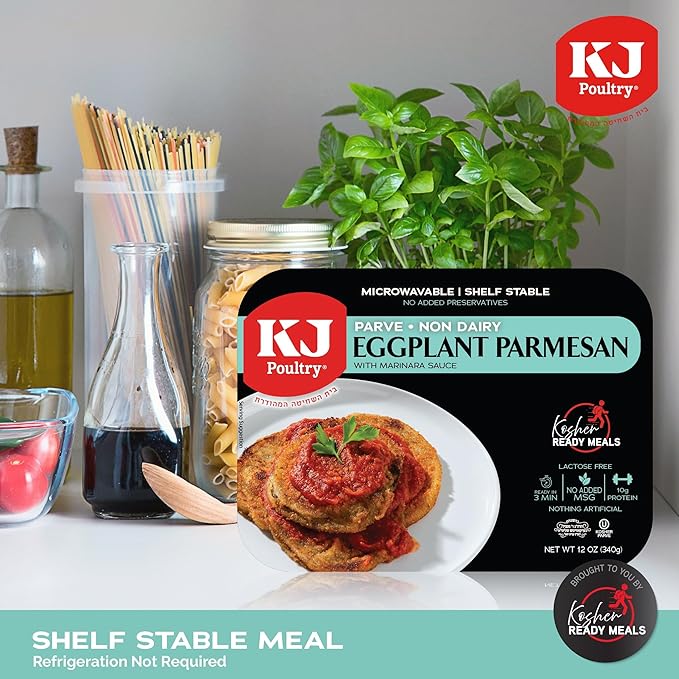 KJ Poultry Kosher Parve Ready Meals - Eggplant Parmesan, MRE Meals Ready to Eat, Halal, (1 Pack) Prepared Entree Fully Cooked, Shelf Stable Microwave Dinner Travel, Military, Camping, Emergency