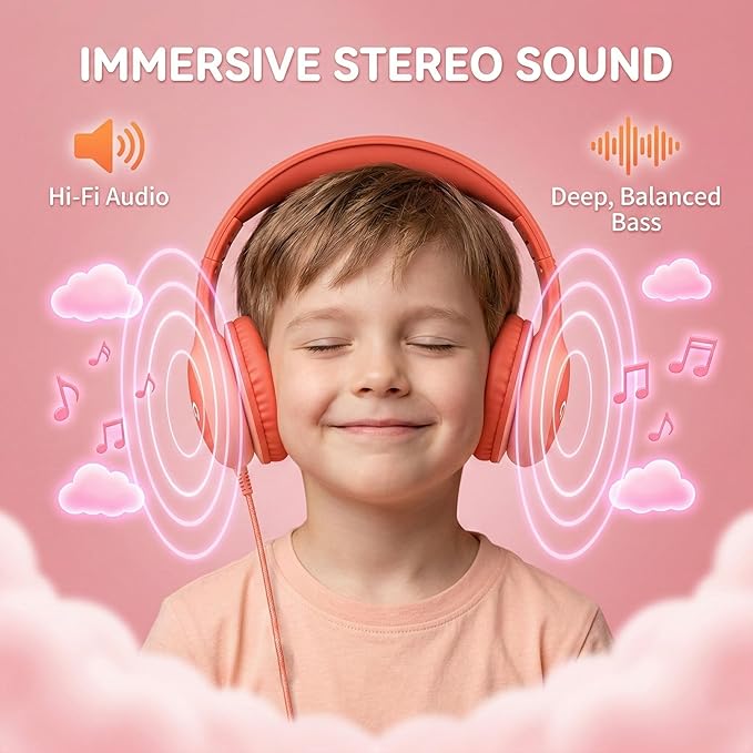 ADOOPE Wired Kids Headphones with USB C Plug, 85dB Safe Volume, Adjustable Headband, Tangle-Free Cord Headphones for School, Tablet, Travel (Coral Red & Soft Peach, Without Microphone)