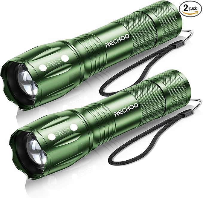 RECHOO LED Flashlight 2 Pack Green, Tactical Flashlights High Lumens with 3 Modes, Pocket Small Flash Light, Waterproof Zoomable Flashlights for Home Emergency, Camping Essentials (Battery Included)
