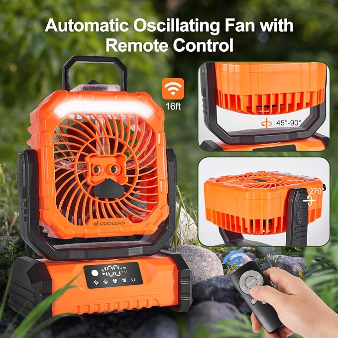 Odoland Portable Misting Fan with Light, 30000mAh Rechargeable Battery Camping Fan with 2 Spray Mister, Outdoors Tent Ventilador with Remote and Hook for Indoor Cooling Hiking Patio, Orange