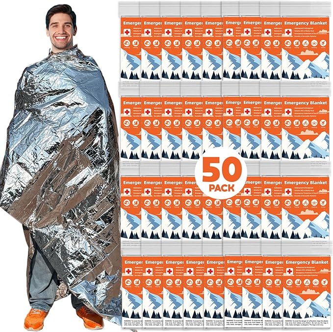 50 Pack Emergency Thermal Blanket Survival, Mylar Blankets for Outdoor, Space Blanket, Silver Foil for Survival, Survival Kit Camping Blankets, Body Warmer, First Aid, Hiking 84” x 52”