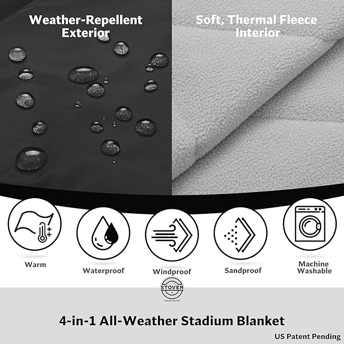 STOVER Waterproof Stadium Blanket – Portable Outdoor Camping Blanket for Travel, Picnics, or Sports – Warm, Windproof, Lightweight, and Packable (Onyx Black)