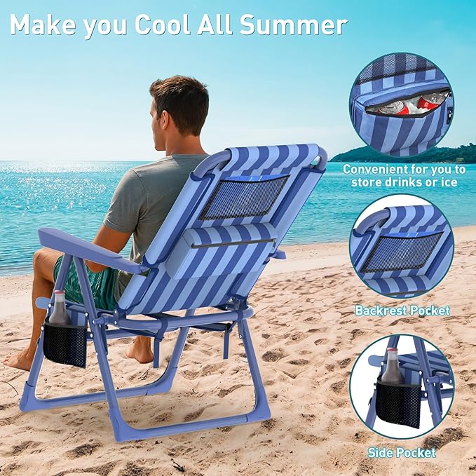 Suteck Backpack Beach Chair for Adults - 6-Position Folding Reclining Chair with Cooler Bag & Cup Holder, Lightweight Portable Beach Chair for Camping, Outdoor, Sand, Travel Use