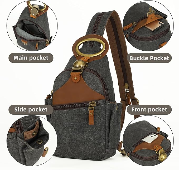 KouLi Buir Canvas Sling bag,Small Crossbody Backpack,Convertible Chest Bag Casual Daypack For Outdoor Cycling Hiking Travel (B3611-Black-N)