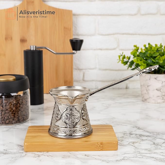 Alisveristime Authentic Turkish Coffee Pot, Handmade Cezve/Ibrik, 3.14-Inch Width, 3.14-Inch Height - 13.52 Ounce Enhance Your Coffee Experience Now! (4 Cup) (Silver)