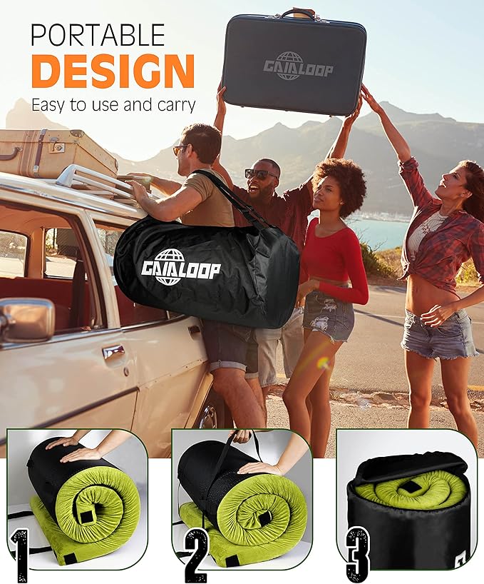 3 Inch GAIALOOP Thick Memory Foam Camping Mattress Sleeping Pad [Car/Tent/Cot] Glamping Portable Floor Mat Roll Up Futon Mattress for Guests Sleepover