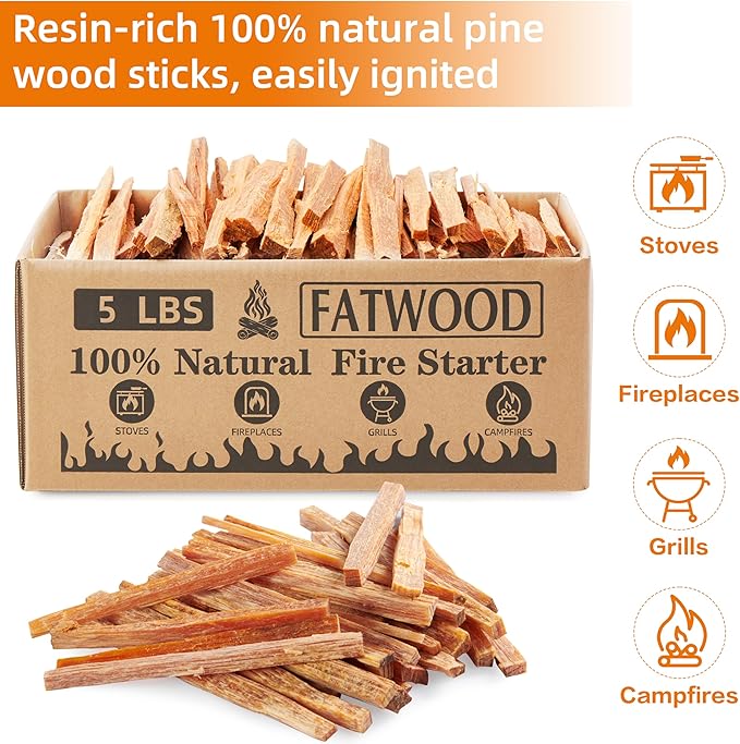 5 lbs Fatwood Fire Starter Sticks, 100% Natural Kindling Firewood Firestarter for Stoves, Pine Wood for Fireplaces, Campfires, Bonfires, Grill