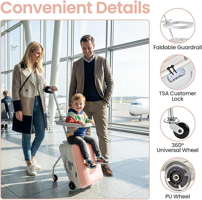 Kids Ride On Suitcase 20” Ride On Luggage with Expandable Zipper & Wheel Brake Ergonomic Seat & 110 Lbs Weight Capacity for Kids 3+ Pink