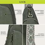 Antik Kraft Tasha Webbing Strap Sling (Moss) | Vegan Leather Crossbody Bag for Women with 16-20" Strap | Sling Bags for Women with Durable Antique Brass Hardware | 7in x 2.5in x 12.5in |