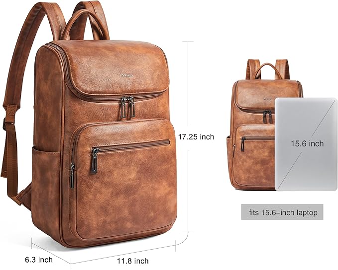 Leather Backpack for Women, Fits 17 Inch Laptop in Main Compartment, Dedicated 15.6 Inch Padded Sleeve, Large Vegan Leather Travel Computer Bag with Luggage Strap for Business and Work, Brown