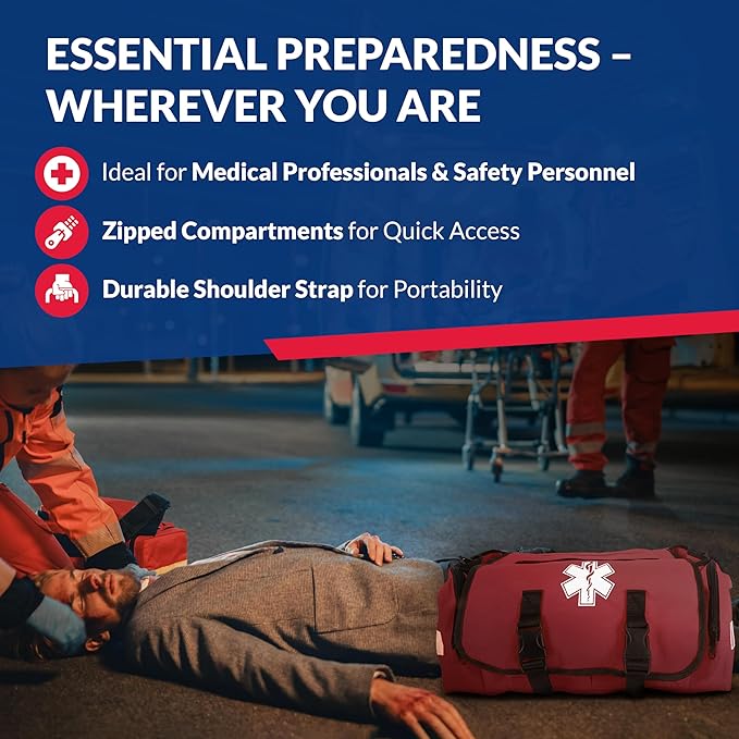 First Responder Trauma First Aid Kit Bag – Fully Stocked Emergency Medical Kit for Workplace, Vehicle & Home – OSHA & ANSI Compliant – Portable – Red