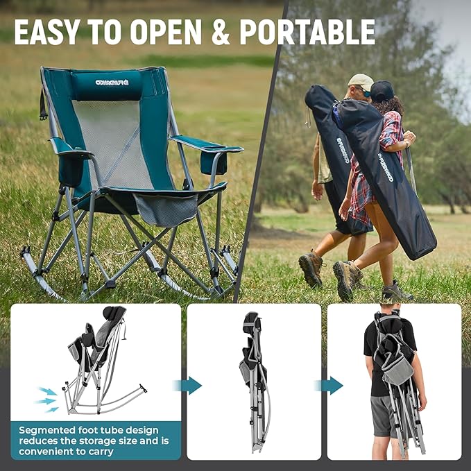 FUNDANGO Rocking Camping Chair, 2 Pack High Mesh Back Portable Folding Camp Chairs with Pillows, Cup Holder and Carry Bag for Lawn Patio Garden Outdoor Supports 300 Lbs (Green/Grey)