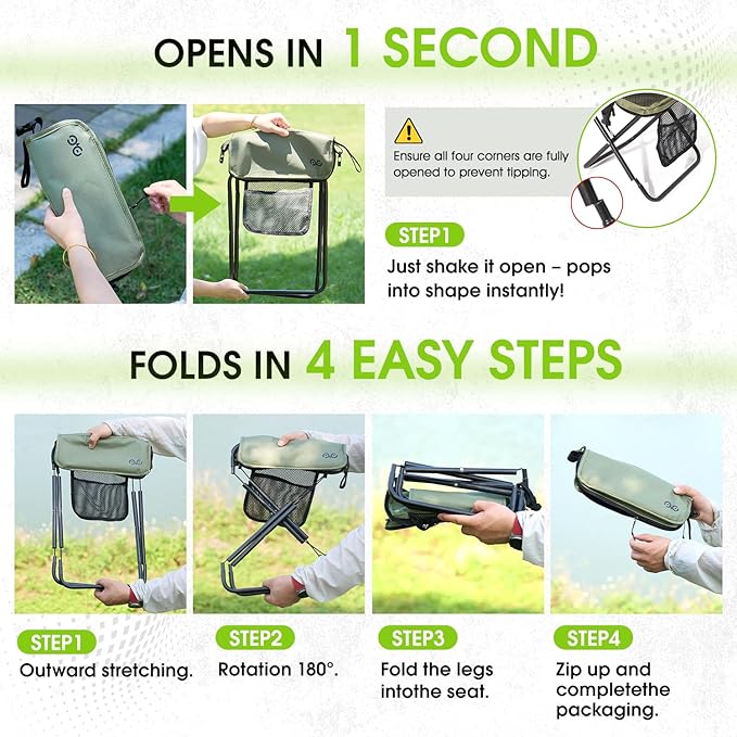 CAMDOOR Portable Collapsible Stool, 16″Folding Stool with 3 Side Pockets and Shoulder Strap, Extra Large Camping Chair Supports 400 lbs, Ultralight Portable Seat for Outdoor, Hiking, Fishing (Green)