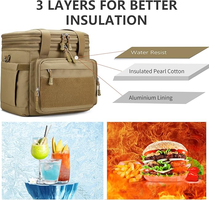 Tactical Lunch Box for Men, Insulated Lunch Bag Adult, Thermal Lunchbox Leakproof Waterproof Cooler Bag, Dual Compartment Lunch tote, Large Lunch Pail for Work Office Travel(Khaki) 15L