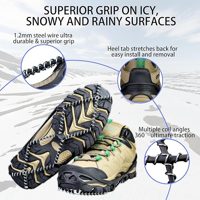 Walk Traction Cleats Ice Snow Grips Crampons for Boots and Shoes - Anti-Slip Portable Flexible Footwear for Running on Snow and Ice