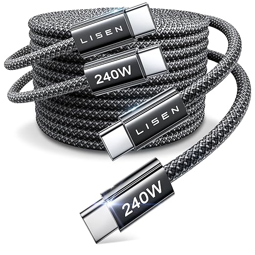 LISEN USB C to USB C Cable Fast Charging Cords 240W Type C Charger Fast Charging Cord Type C Cable for iPhone 16 15 iPad MacBook Pro Air Samsung S25 Switch,10ft+10ft/2 Pack/Black