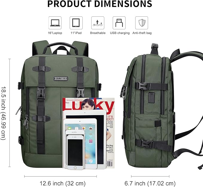 WITZMAN Travel Laptop Backpack for Men Fit 16 inch Computer Carry-on Airline Approved with USB Charging Port(B716 Army Green)