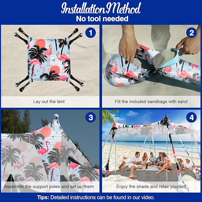 Rhino Valley Beach Tent Shade Canopy UPF50+ Protection, 8 Sandbags, 4 Stability Poles, Outdoor Sun Shelter Umbrella for Sand, Camping, Fishing Essentials