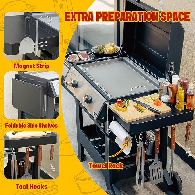 Propane Gas Griddle, 2-Burner Outdoor Gas Stove with 518 sq.in Cooking Area, Foldable Side Tables, Flat Top Grill Griddle for Patio Barbecue, Backyard BBQ Party, GS351