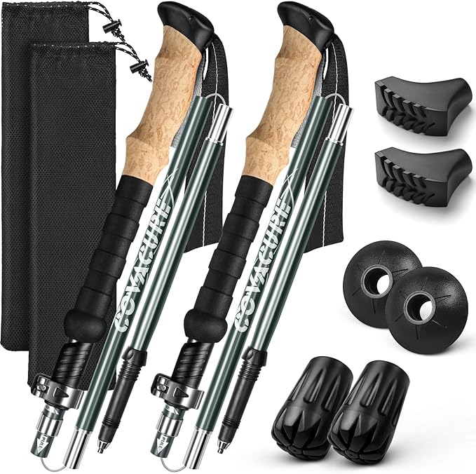 COVACURE Trekking Poles - Collapsible Hiking Sticks with Anti-Shock Tips, Lightweight & Foldable Walking Sticks for Snow Trails & Mountain Climbs, Durable Trekking Gear for Men and Women