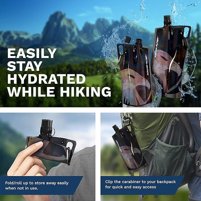 Survivor Filter Collapsible Water Bottles, Canteens (32oz) 2 Pack (2L Total) - Durable Carabiners and Handles. Squeeze Water through a Filter or Use as Water Bottles