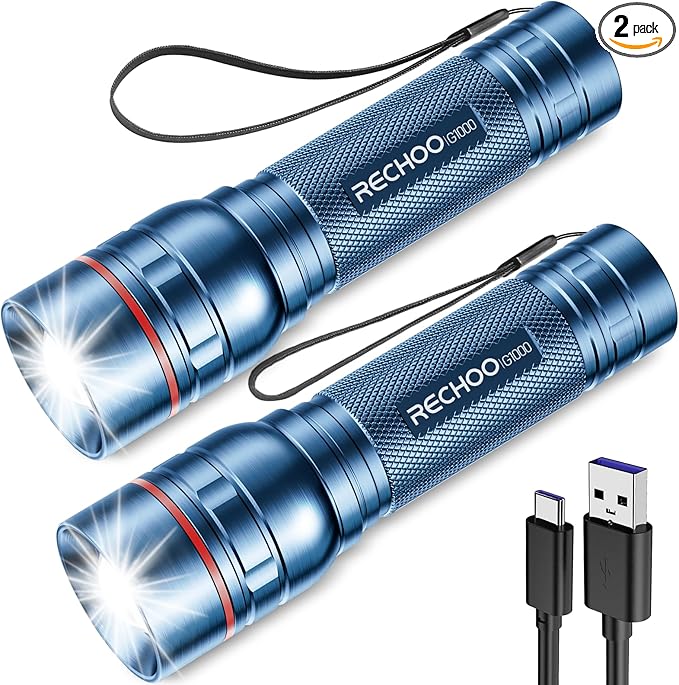 RECHOO Rechargeable Flashlights High Lumens, Super Bright Flash Light 2 Pack, Small Zoomable LED Flashlight with 3 Lighting Modes, Portable Tactical Flashlight for Camping Essentials (Blue)