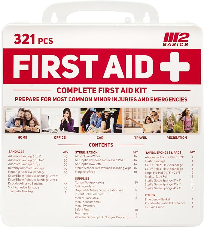 Premium 321 Piece First Aid Kit - M2 BASICS First Aid Kit for Home, Car, Business, Office, School, Travel, Camping, Outdoors - Emergency Medical Supplies, Durable Portable Hard Case