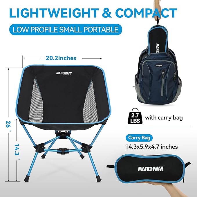 MARCHWAY Lightweight Folding Camping Chair, Portable Foldable Compact for Outdoor Camp, Travel, Beach, Picnic, Festival, Hiking, Backpacking, Supports 330Lbs (Blue)