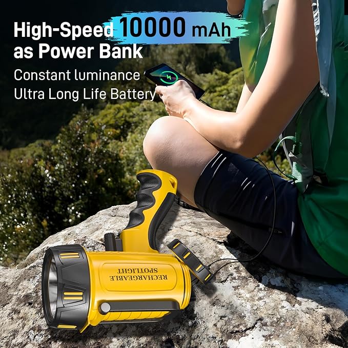 2025 Upgrade 10000mAh Super Bright Rechargeable Spotlight 90,000 Lumen Flashlight Handheld Spotlight,Spot Light Outdoor Runtime 48+ Hrs,Flashlight Searchlight Flood Camping Hunting Boating with Tripod