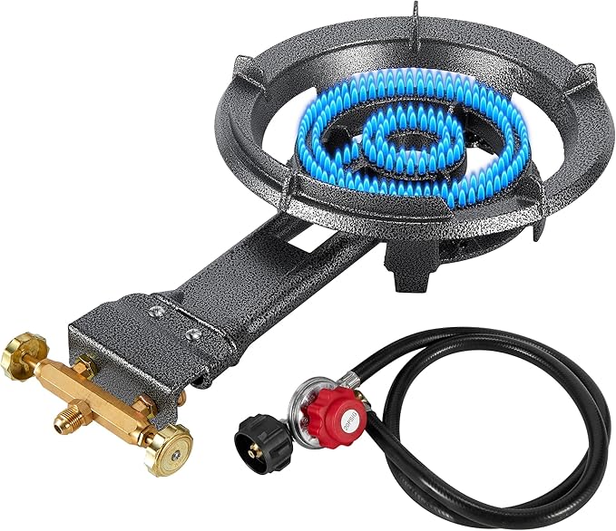 Bestfire 13" Single Propane Burner Stove 90,000 BTU Cast Iron Portable Outdoor Burner with 0-20 PSI Adjustable Regulator and 4ft Hose Perfect for Outdoor Wok Cooking