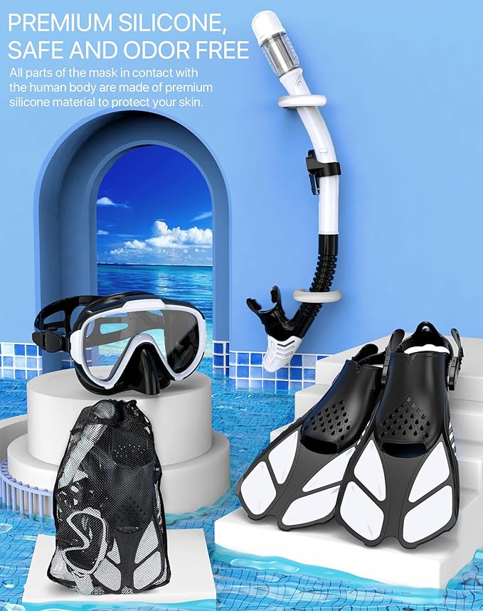 Snorkeling Gear for Adults Men Women,4 in 1 Snorkel Set with Panoramic View Diving Mask Anti-Fog Anti-Leak,Dry Top Snorkel,Fins and Travel Bag for Swimming,Snorkeling and Travel Diving