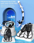 Snorkeling Gear for Adults Men Women,4 in 1 Snorkel Set with Panoramic View Diving Mask Anti-Fog Anti-Leak,Dry Top Snorkel,Fins and Travel Bag for Swimming,Snorkeling and Travel Diving