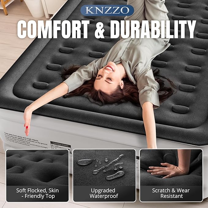 Queen Air Mattress with Built-in Pump, 18" Top Inflatable Mattress with Waterproof Flocking Fabric, Three-Minute Quick-Inflatable Bed. Portable Blow Up Mattress for Home, Outdoor and Guests