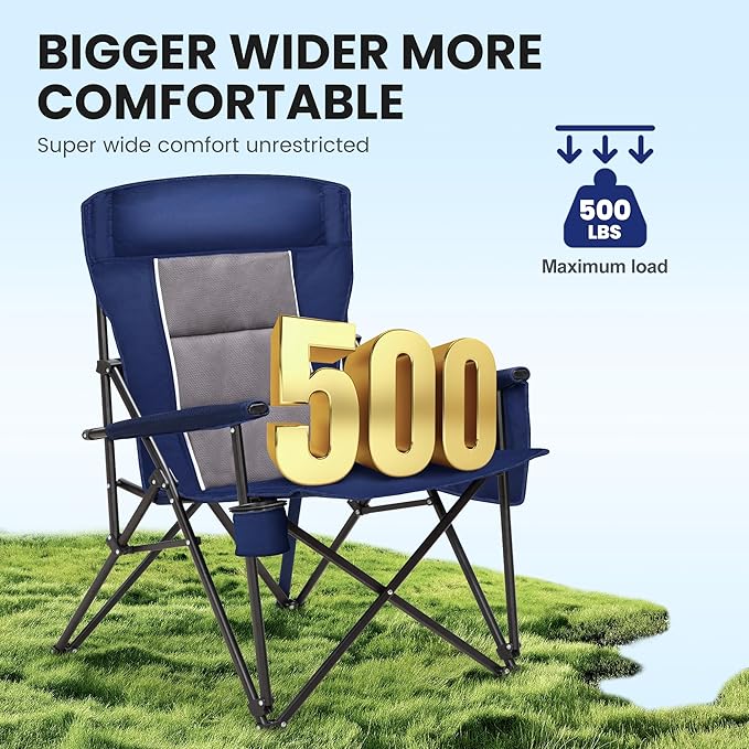 HIGH POINT SPORTS Oversized Camping Chairs for Adults, High Back Heavy Duty Lawn Chair Support 500LBS, Padded Portable Collapsible Chair with Cup Holder, Blue, 2 Pack