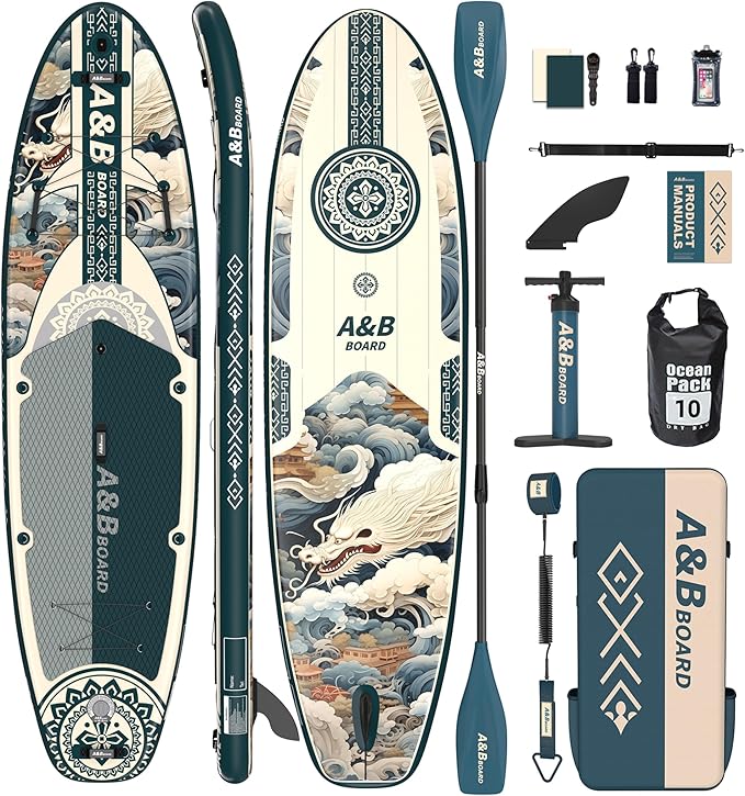 ABBOARD Inflatable Stand Up Paddle Boards - Extra Wide Fishing Paddleboard,Cool Design,Ultra Stable Standup SUP,5 Handles,15 D-Rings, Camera Mount,10L Dry Bag,100L Backpack, Youth/Adults