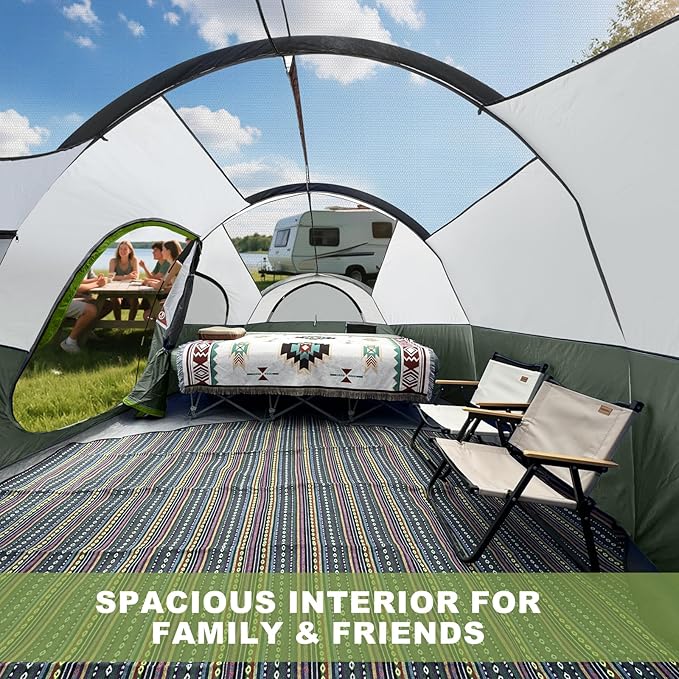 CAMPROS CP Tent 8 Person Camping Tents, Weather Resistant Family Tent, 5 Large Mesh Windows, Double Layer, Divided Curtain for Separated Room, Portable with Carry Bag