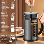 French Press Coffee Maker 34oz / 1 Quart 304 Stainless Steel Coffee Press,with 4 Filters System, Heat Resistant Thickness Borosilicate Glass, Brewed Coffee Pot (Bright Black)