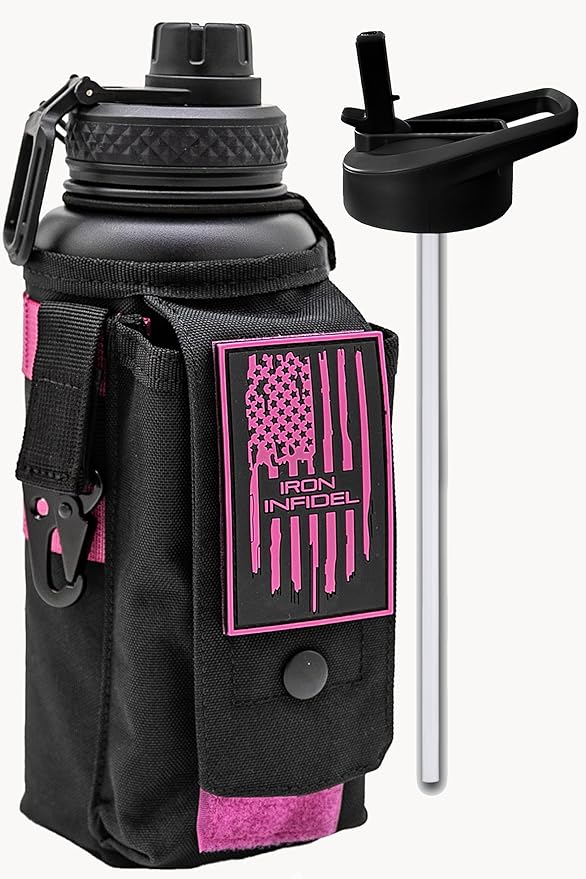 Iron Infidel Battle Bottle - 32 Oz Insulated Water Bottle with Straw Lid & Chug Cap, Stainless Steel Metal Flask Includes Rugged, Removable Sleeve for Keys, Wallet, & Phone (Valkyrie 1 Liter)