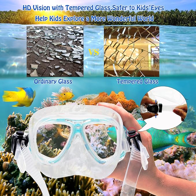 Kids Mask Fins Snorkel Set Snorkeling Packages, with Diving Mask, Snorkel, Adjustable Swim Fins, Mesh Bag, Anti-Fog Anti-Leak Snorkeling Gear for Kids for Snorkeling Swimming Diving