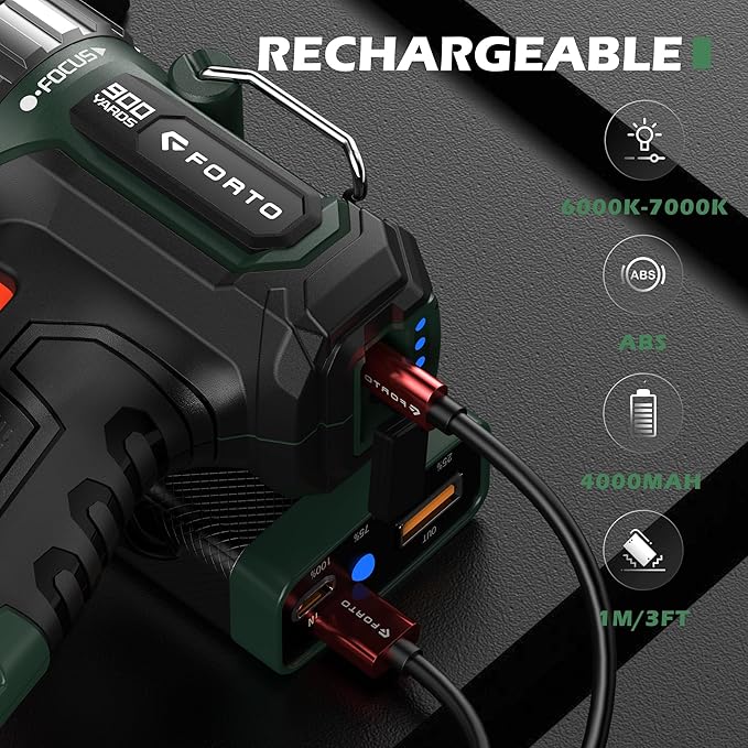 FORTO Compact Rechargeable Spotlight with Adjustable Focus, Handheld Spot Light with Stand, 823m Range, 3 Light Modes and LED Spot Lights Outdoor for Boating Hunting Camping Hiking